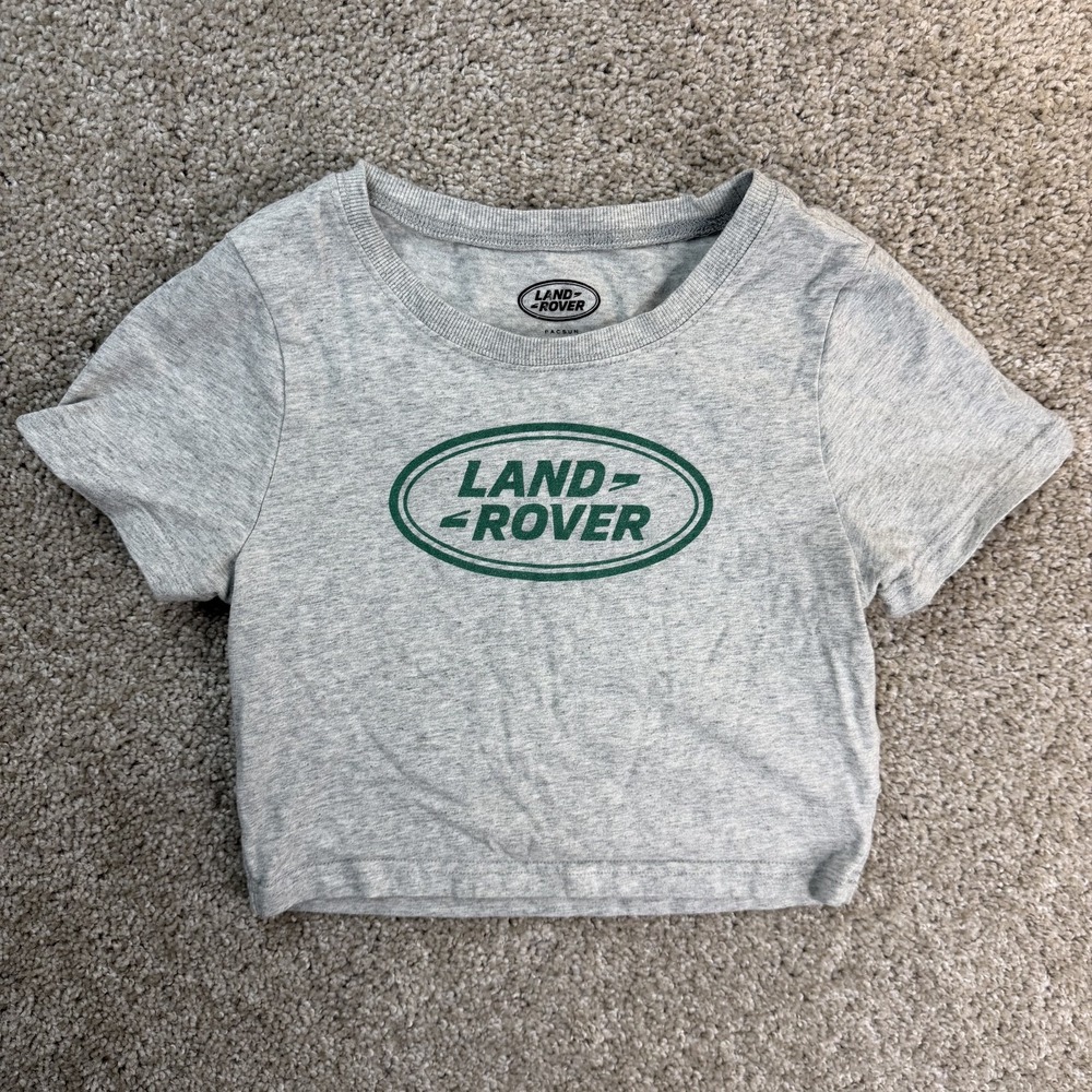 Land Rover Shirt Womens S Gray Green Logo Cropped Short Sleeve Tee Top Casual
